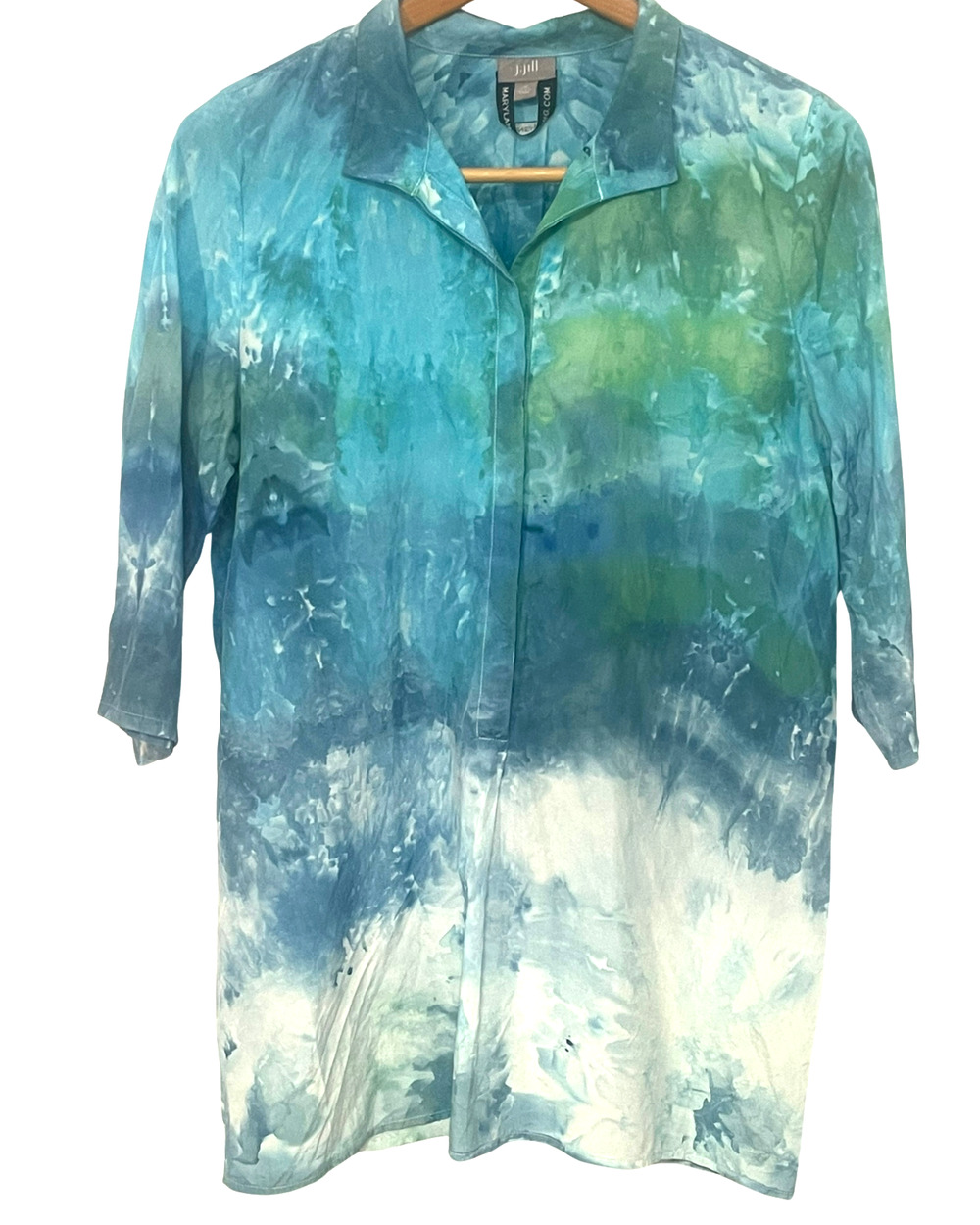Mary Lamb Nehring Hand Dyed Silk Tunic Blouse Sz MP Blue & Green Wearable Art